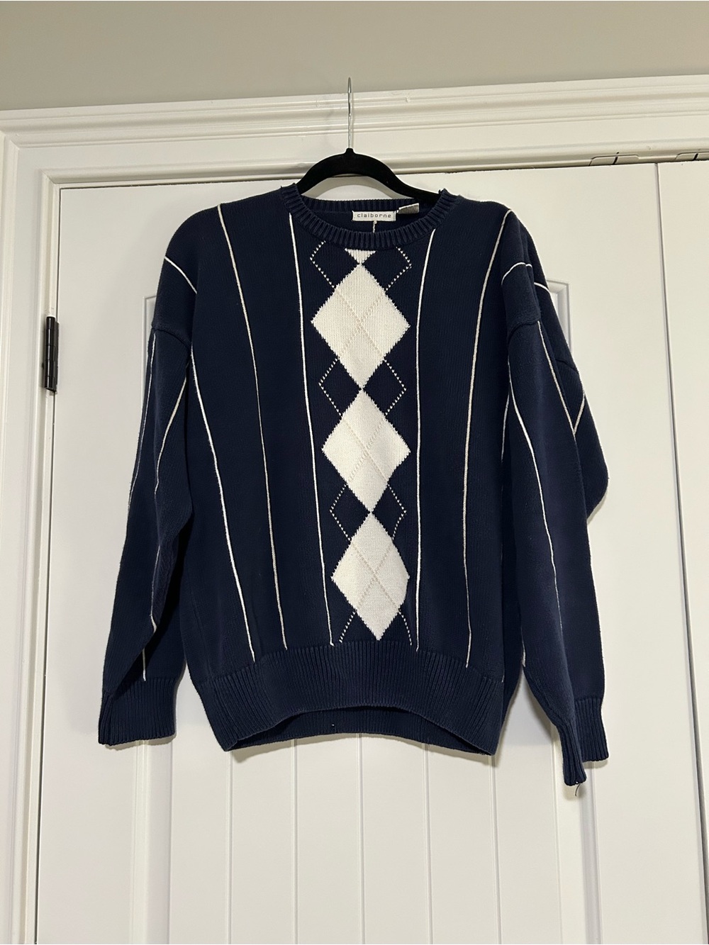 Navy Argyle Stripe Cotton Relaxed Fit Sweater Large - Picture 2 of 4